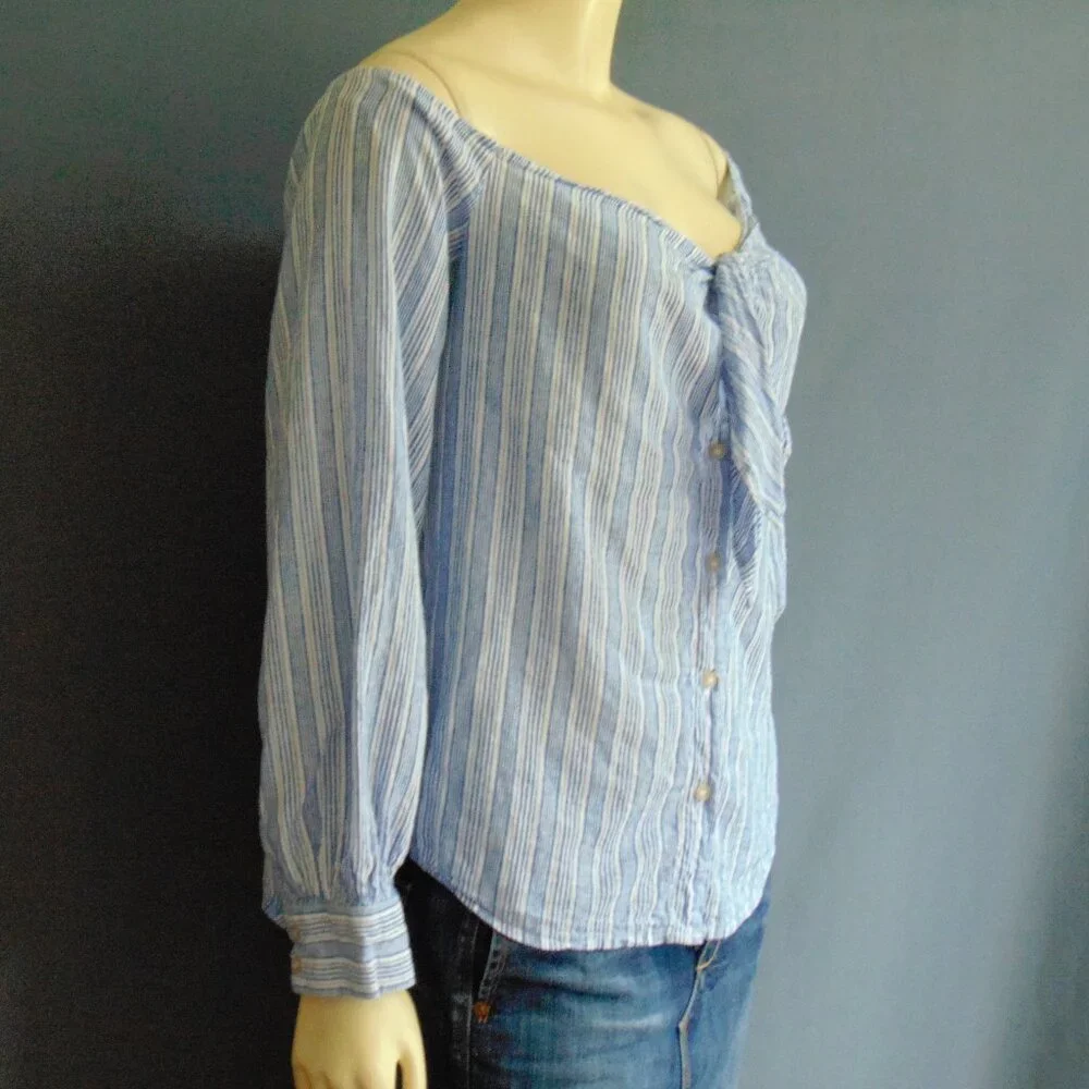 Free People Blue Striped Hello There Linen Tie Front Off Shoulder Top L - Picture 5 of 10